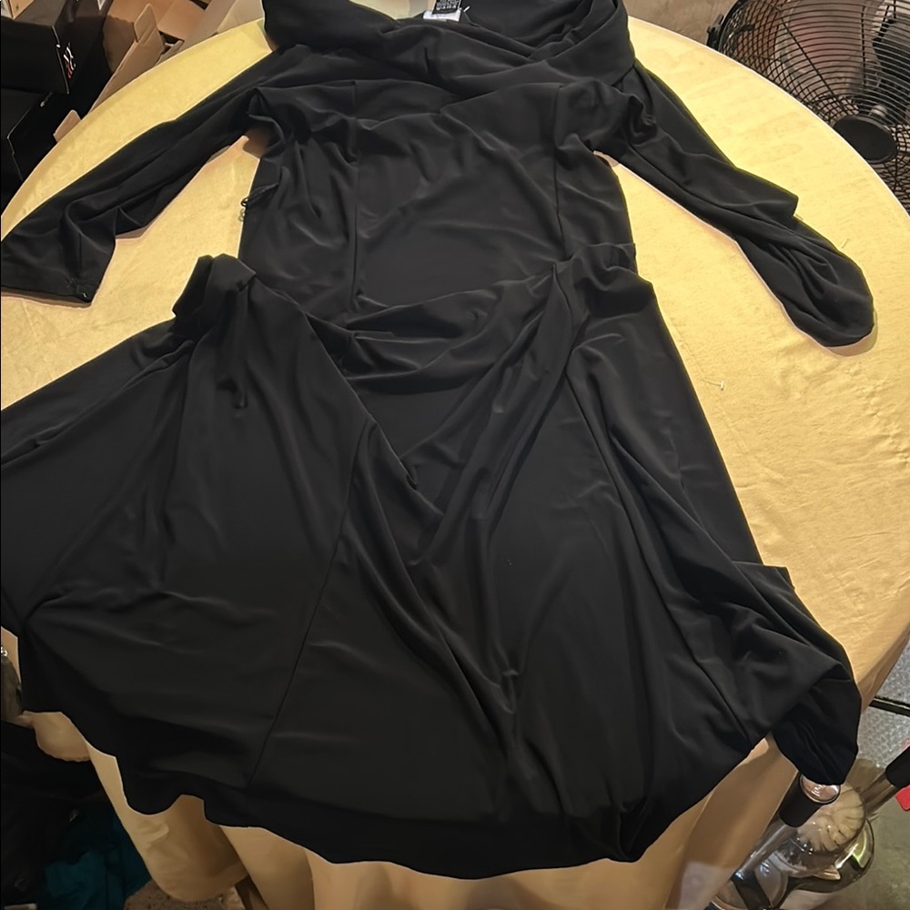 Nina Leonard Black Ruched Collared Maxi Dress L